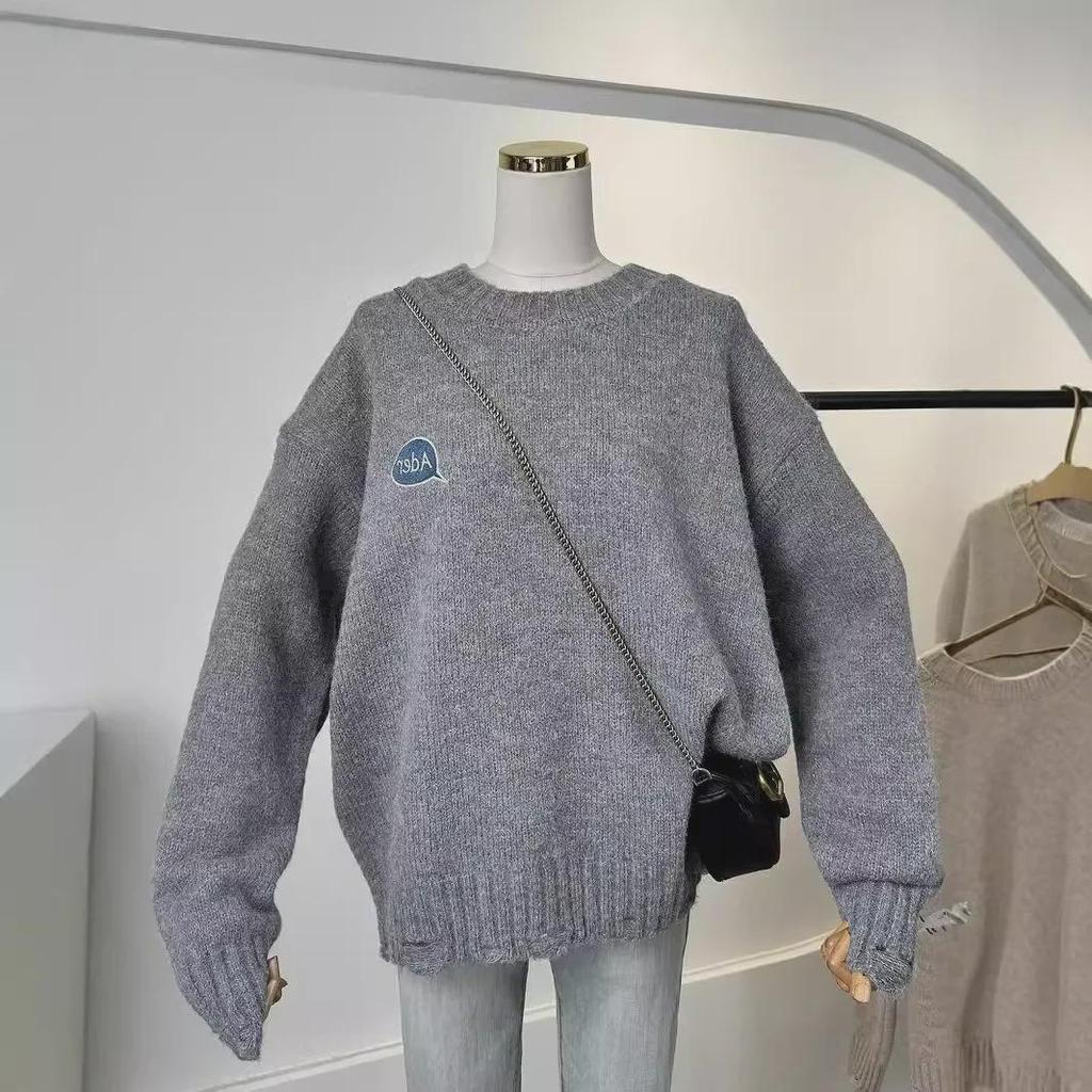 Women's Autumn & Winter Fashionable Loose Knitted Sweater with Retro Cartoon Embroidery and Ripped Details