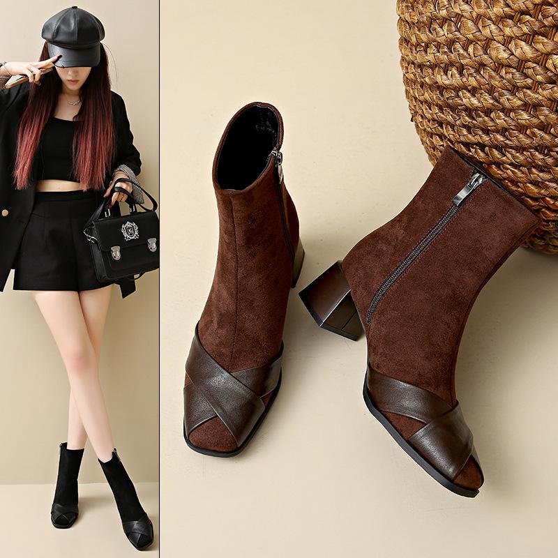 Cowhide version~~ Maillard splicing elastic short boots women's 2025 new autumn thick heel and ankle thin boots single boots