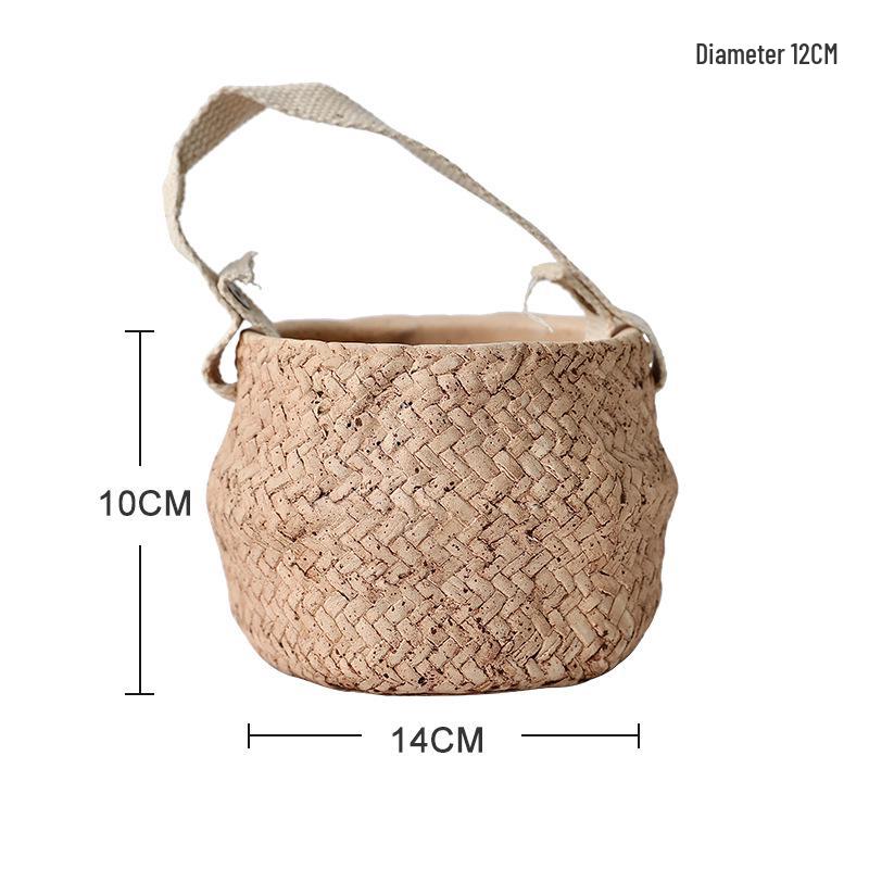 Creative Retro Rattan-Style Cement Flower Pot, Straw-Woven Hanging Basket with Handle for Plants and Flowers