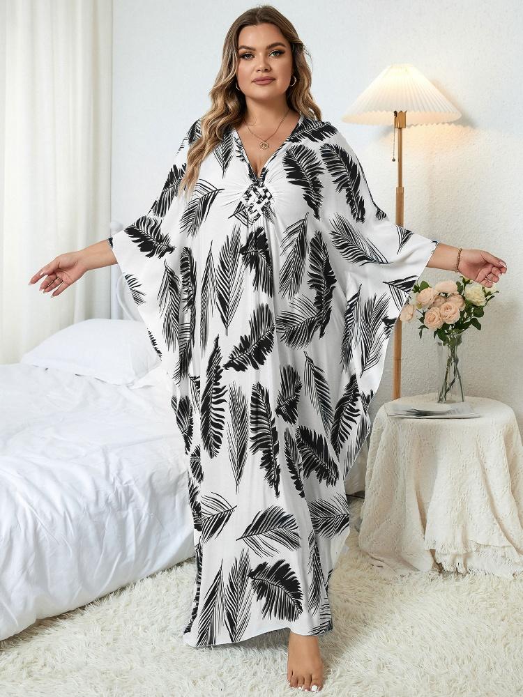 EDOLYNSA Black Printed Kaftan Women's Long Dress Kaftan Oversized Bohemian V-neck Chinese Knot Robe Swimsuit Cover-up Outfit Q1297