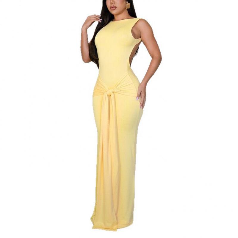 2025 Autumn European & American Style Slim-Fit Backless Dress with Sashes