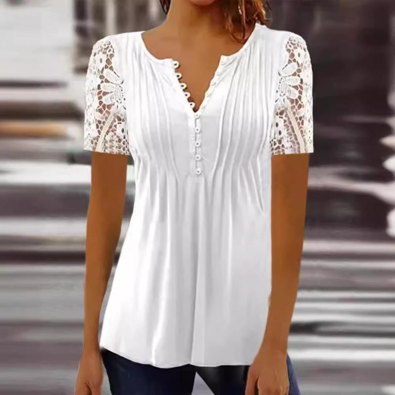 

Новая летняя свободная рубашка с коротким рукавом и кружевом, женская модная повседневная блузка больших размеров с принтом, женские элегантные цветочные рубашки с V-образным вырезом, топы 26583 XL белый