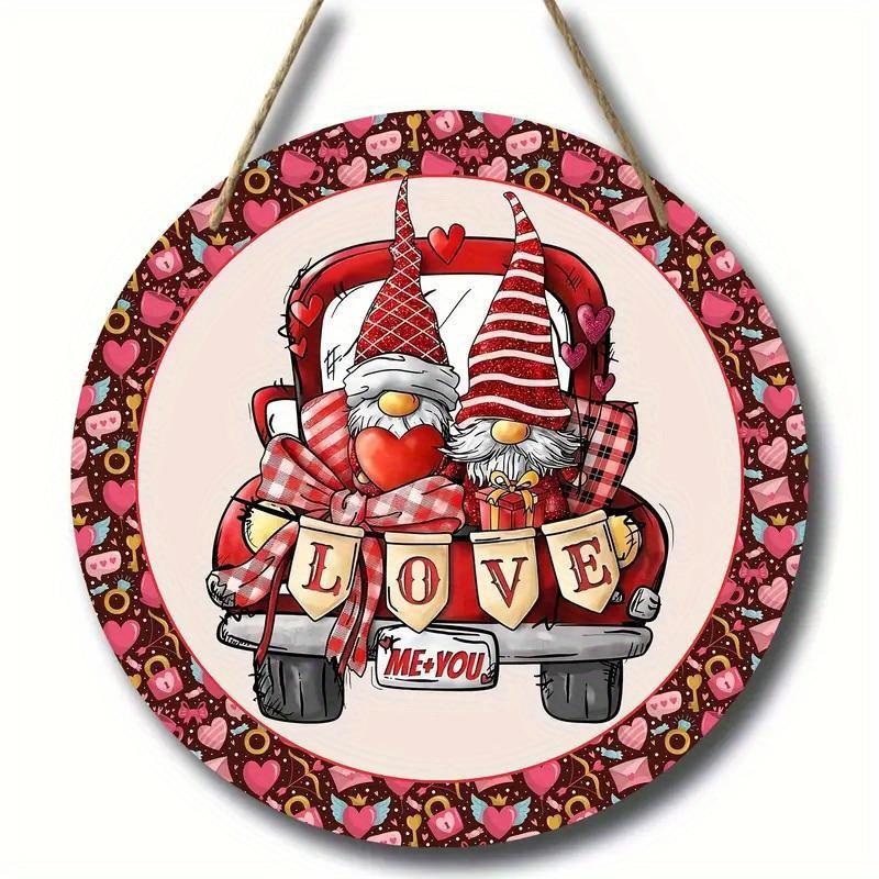 2d Flat 20*20cm, Valentine's Day Home Decoration, Creative Gnome Wooden Circular Decoration for Valentine's Day, for Home, Cafe, Hotel, Bar Decor.