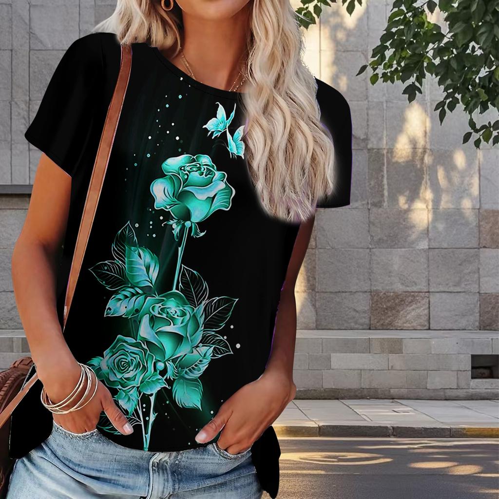 Damski Letni T-shirt z Nadrukiem Róży Retro Moda Krótki Rękaw Koszulki Casualowe Drukowane Topy