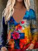 Women's Elegant V-Neck Marble Print Long Sleeve T-Shirt Soft Polyester Great for Autumn and Winter Casual Wear Floral Print Tops