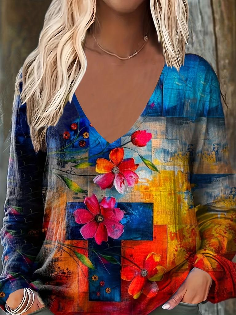 Women's Elegant V-Neck Marble Print Long Sleeve T-Shirt Soft Polyester Great for Autumn and Winter Casual Wear Floral Print Tops