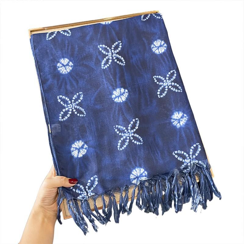 Long Cotton Linen Scarf Women Hand-Dyed Blue Indigo Wrap Shawl 180x90cm Lightweight Accessory