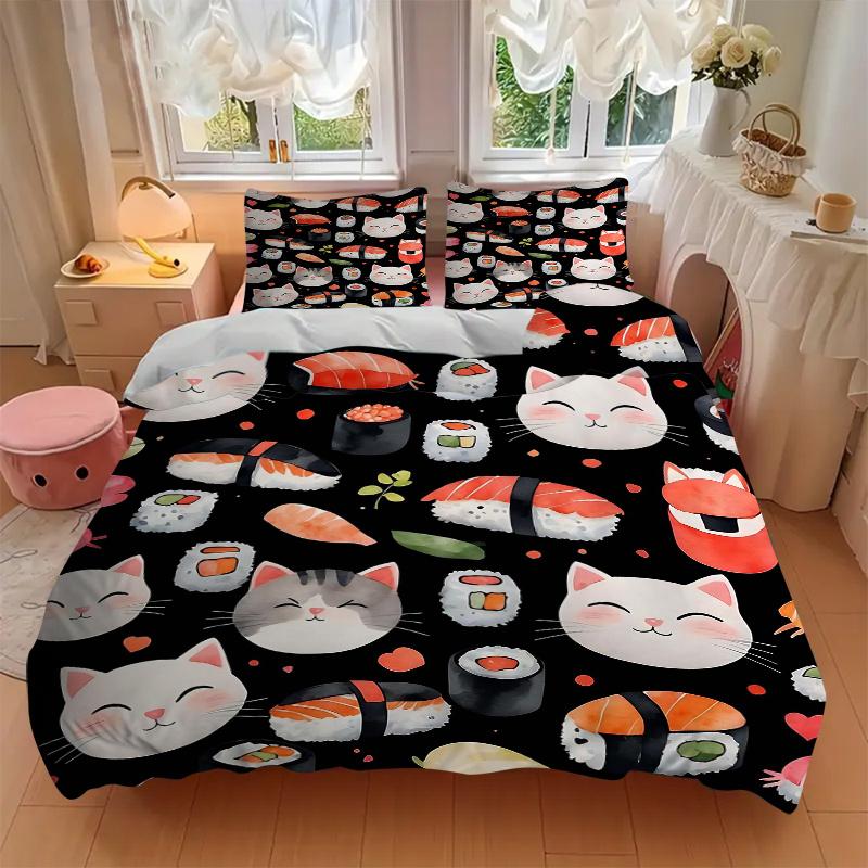 3pcs Cats and Sushi Bedding Set, 1 Soft Quilt Cover + 2 Pillowcases, Machine Washable, Suitable for All Seasons