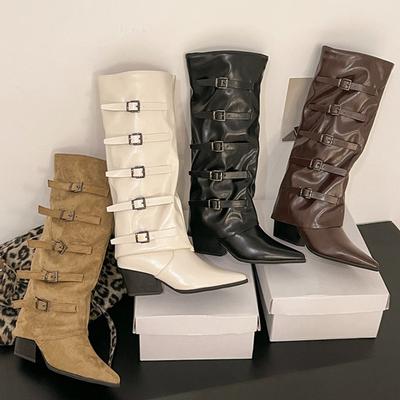 Fashion Pointed Toe Women Knight High Boots Designer Belt Buckle Platform Heel Shoes Autumn Winter Thick Heel Ladies Long Booties