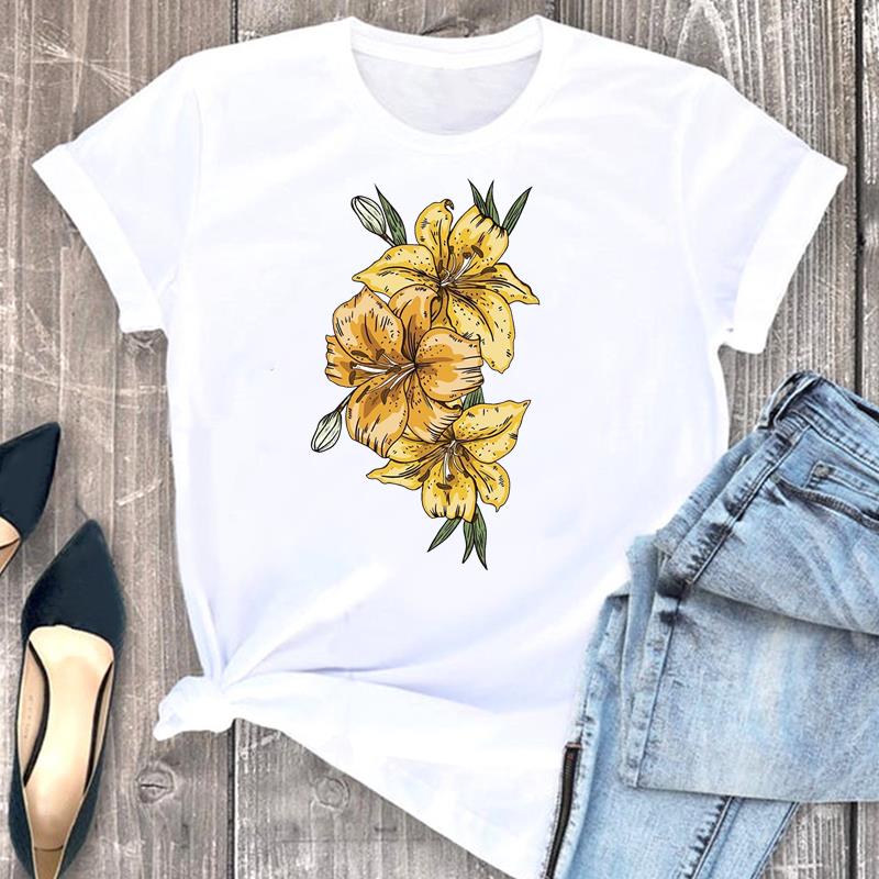 European size Tee Top Women T Shirt Woman Female Flower Trend 90s Lovely Cute Short Sleeve Clothing Print Fashion Graphic T-shirts