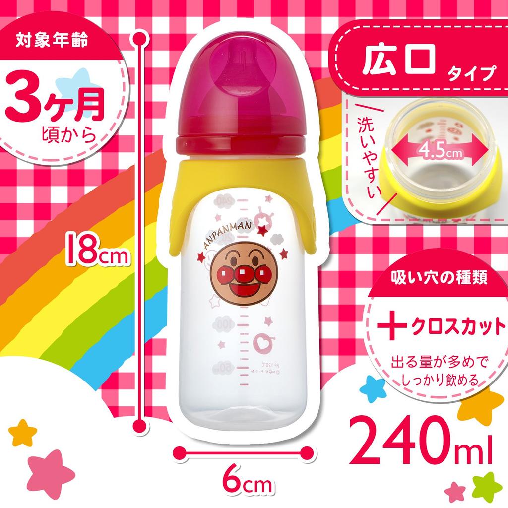 LEC Anpanman Baby Wide 240ml for Ages 3 Months and Up Made of Plastic Bottle, Mouth, (Cross-Cut), (Large Flow),
