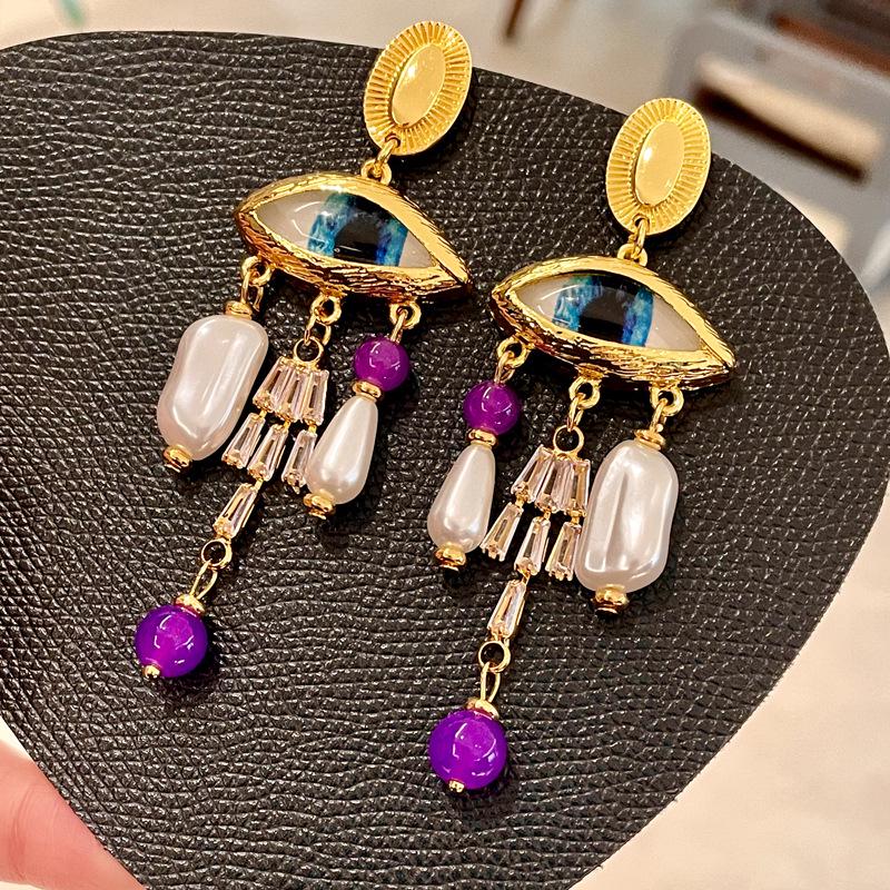 Vintage Baroque Pearl Zircon Tassel Earrings with Crystal Accents