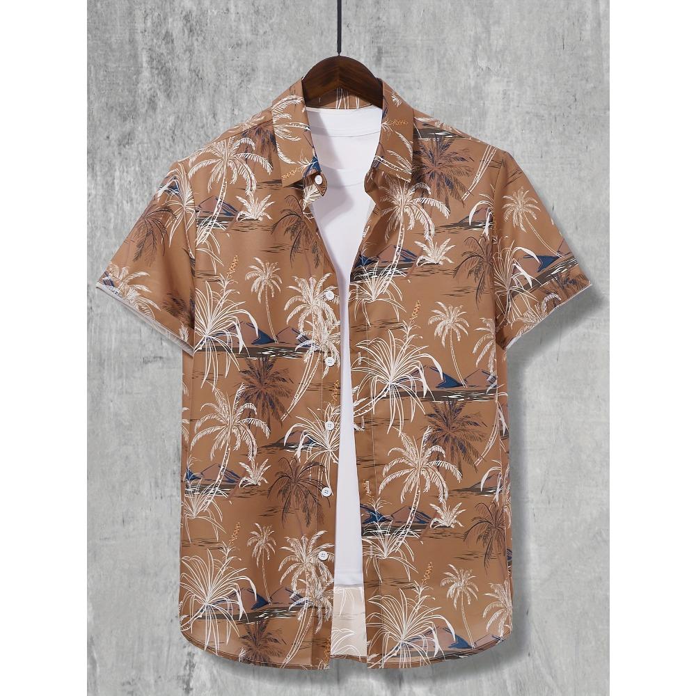 Coconut Palm Print Hawaiian Shirt, Men's Casual Button Up Short Sleeve Shirt For Summer Beach Vacation Resort Oversized Clothing