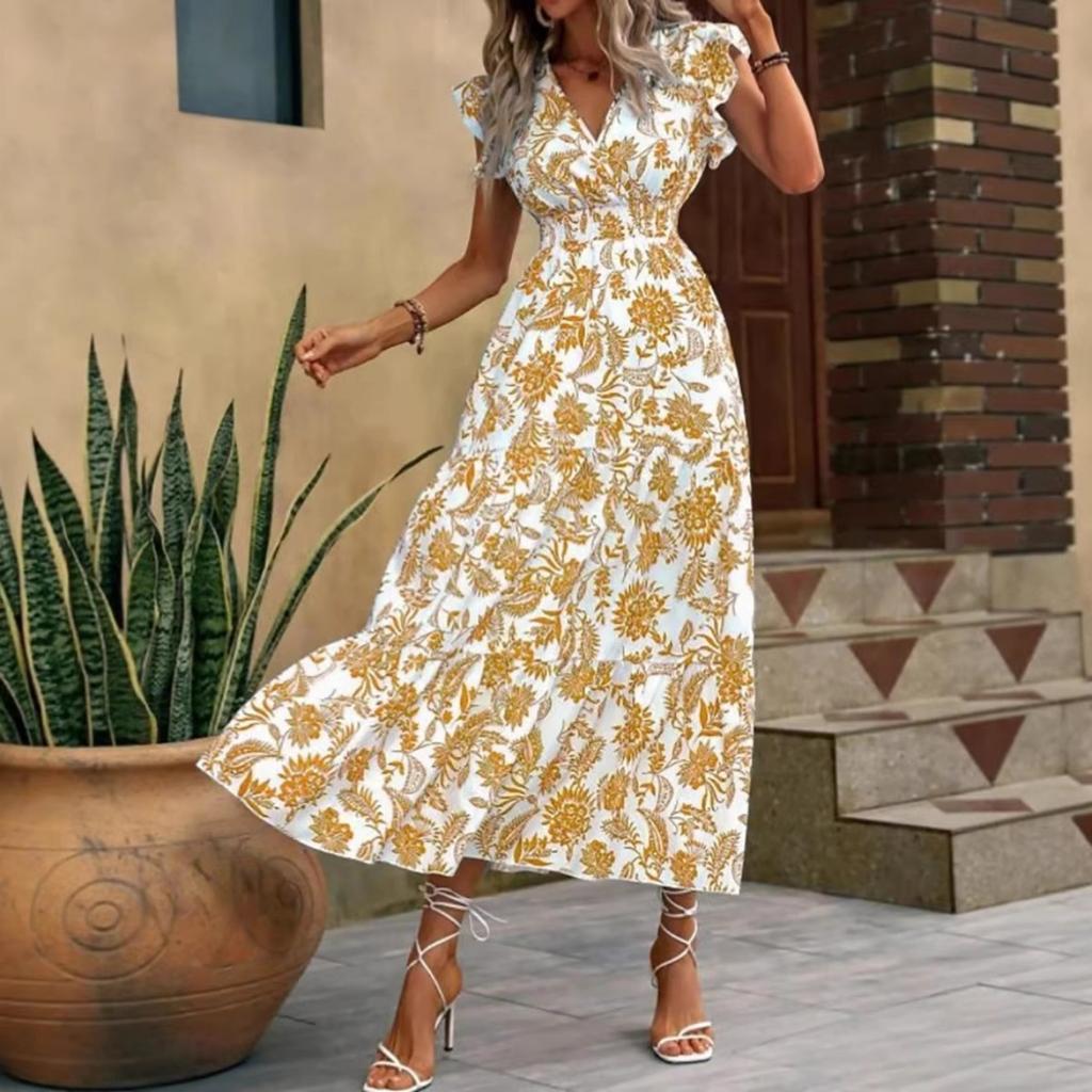 New Summer V Neck Printed Midi Dress Women's Casual Fashion Dress for Outdoor Daily Wear