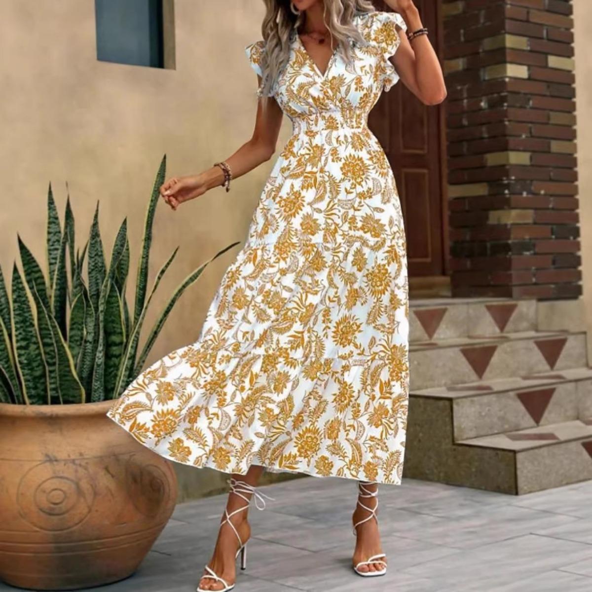 New Summer V Neck Printed Midi Dress Women s Casual Fashion Dress for Outdoor Daily Wear S