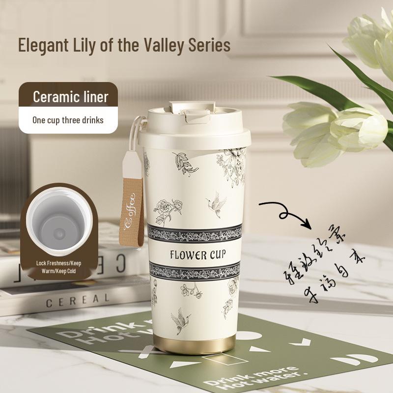 2025 316 Izolovaný hrnek na kávu pro ženy: Elegantní cestovní hrnek s dvojitou stěnou a designem konvalinek