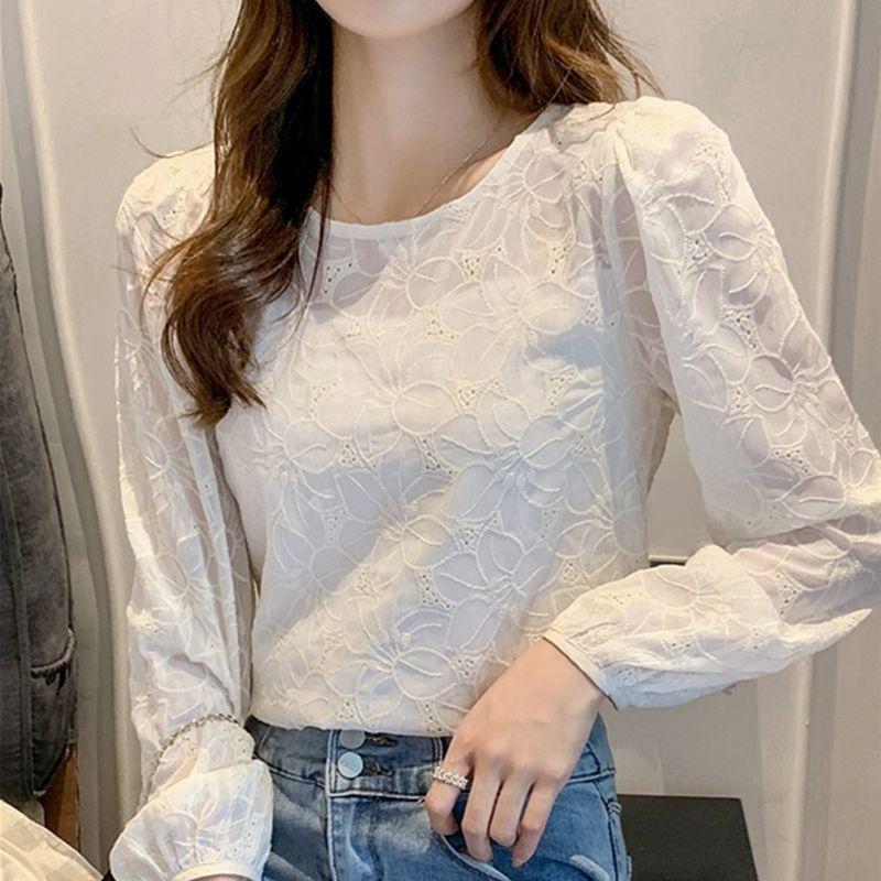 Early autumn long-sleeve lace base shirt for women, spring and autumn wear, 2026 new trendy chiffon top, stylish women's blouse