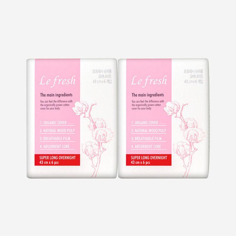 

Lefresh Organic 100% Cotton Cover Vegan Sanitary Pads Super Long Overnight 2 Pack (12 Sheets) Super Long Overnight 6 Sheets X 2 Packs