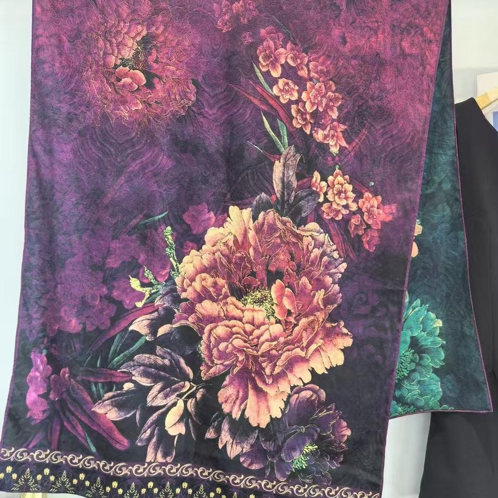 Hangzhou Silk Fragrant Cloud Yarn Silk Scarf Two-Color Double-Sided Printing Scarf Handmade Curling Women'S Shawl National Style Printing