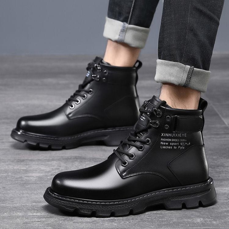 Winter Boots British Style High Top Waterproof Leather Boots Mid Top with Plush Insulation Cotton Shoes Men's Short Boots Snow Boots