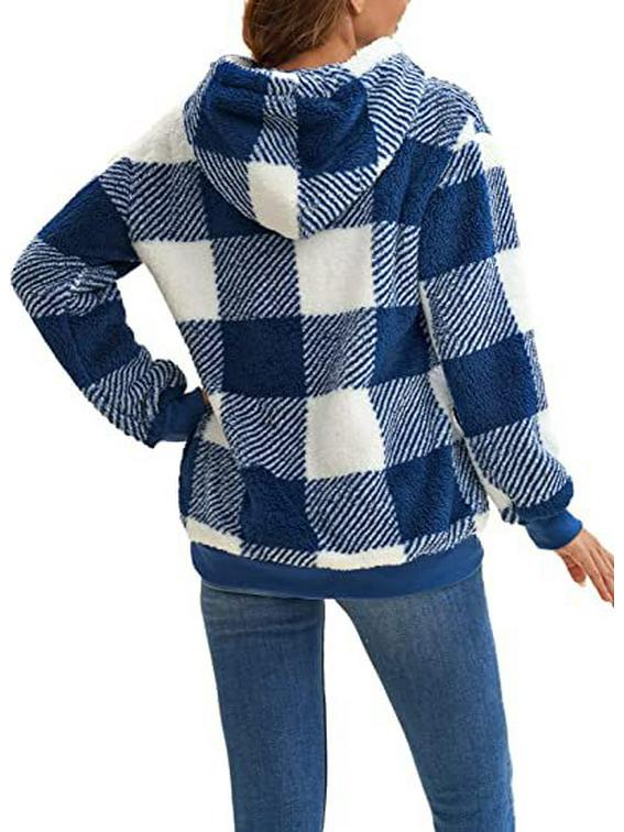 Peluş Kapüşonlu Ekose Mont - Yeni 2025 İlkbahar/Sonbahar Uzun Kollu Model