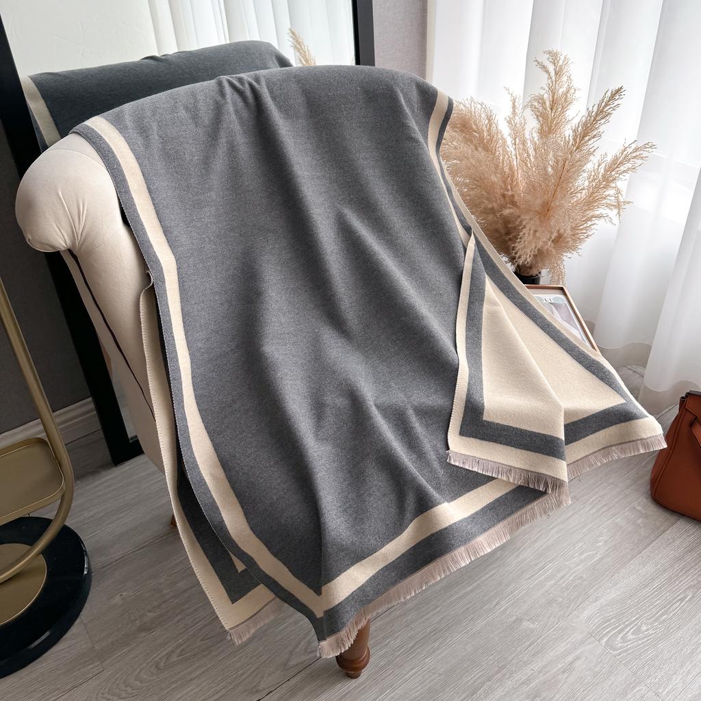 Two Tone Border Striped Cashmere Feel Scarf, Fringe Edge Large Warm Shawl Wrap For Women Winter Daily Office Gift