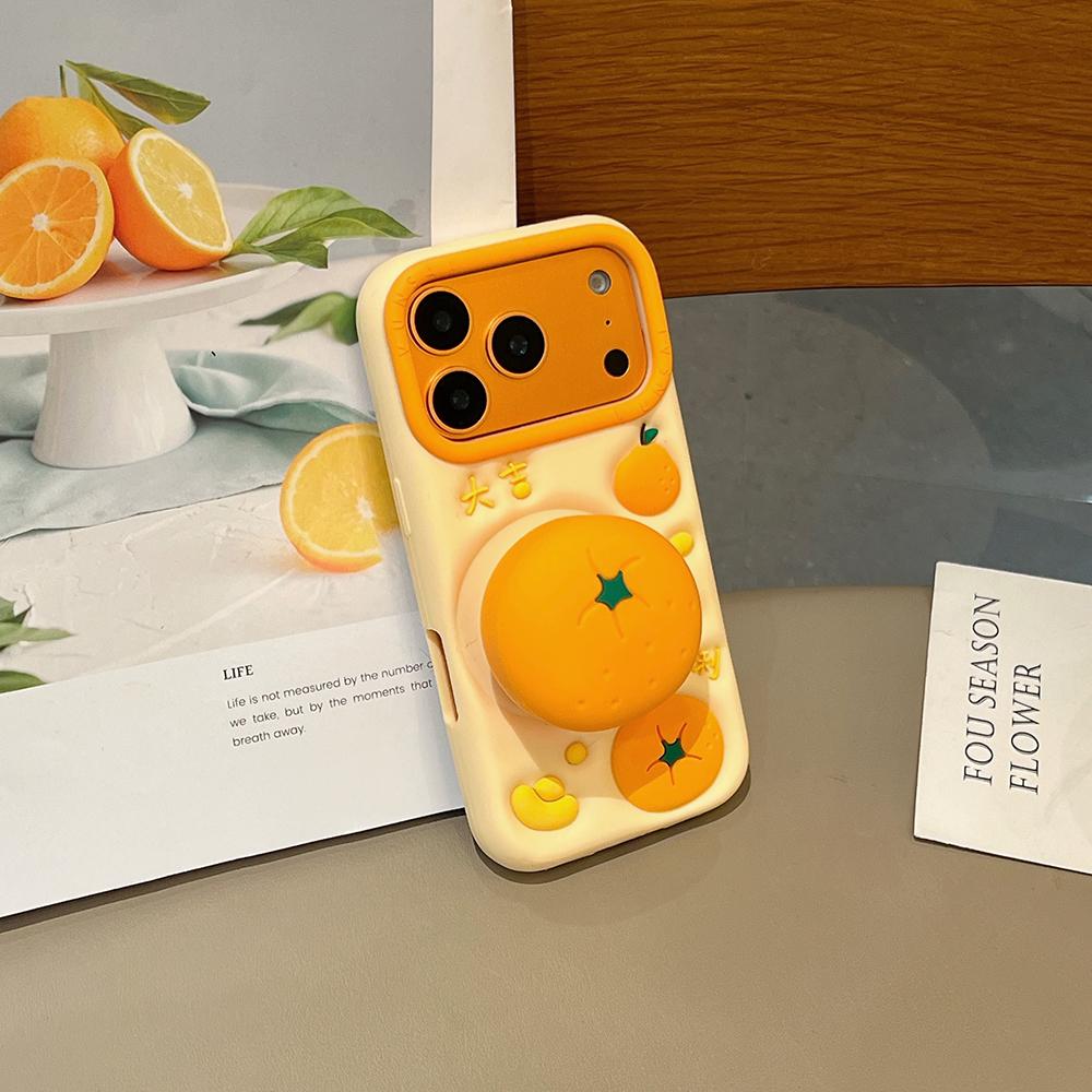 For iPhone 17 16 Plus 16e 15 14 13 12 Pro Max Funny 3D Fruit Orange Telescopic Bracket Case Soft Silicone Stand Holder Cover
