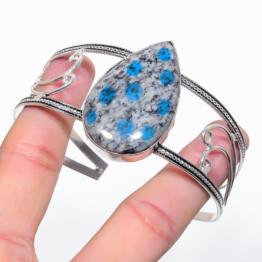 Natural K2 Blue Azurite Gemstone 925 Sterling Silver Cuff Bangle Adjustable C3E17