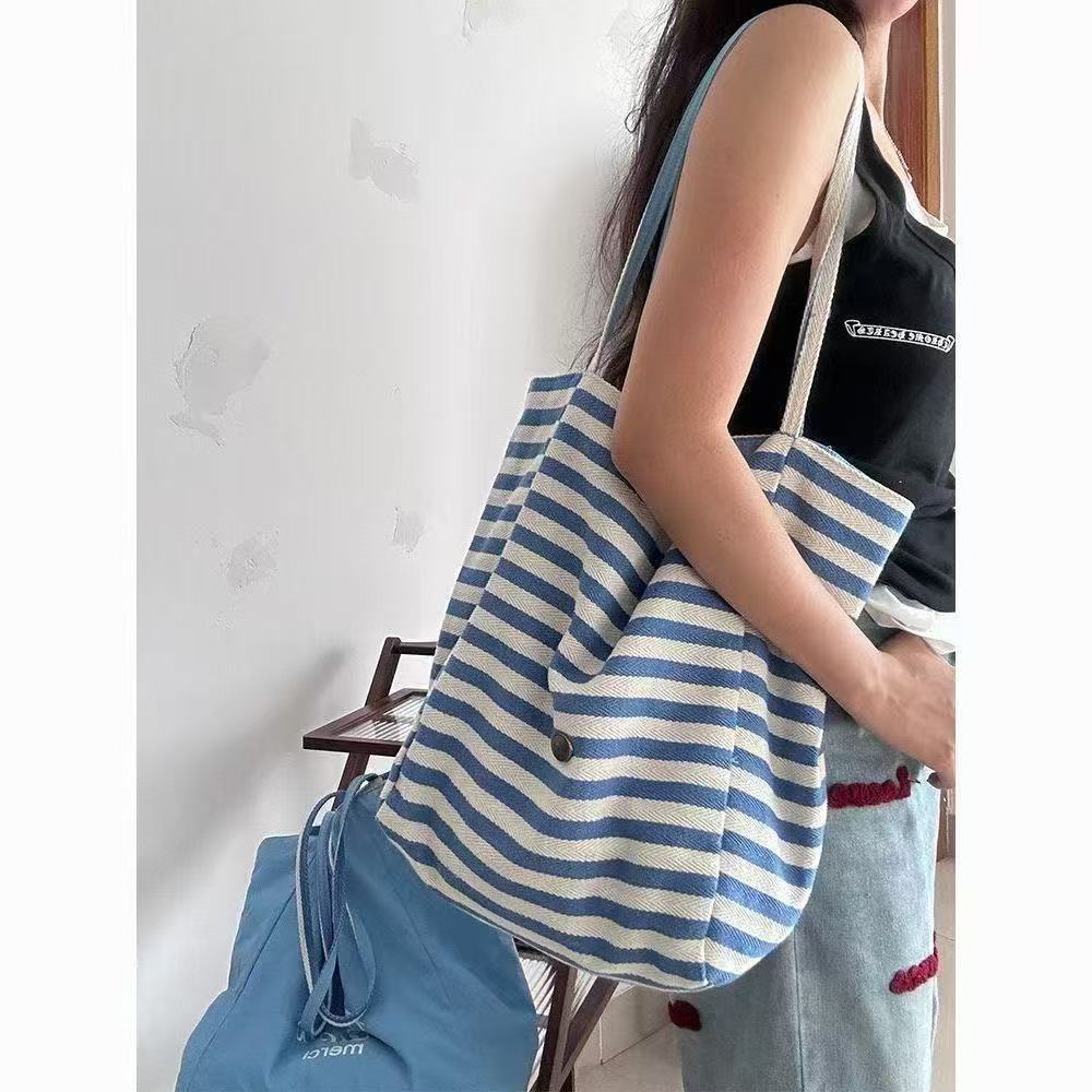 Summer Striped Canvas Bag I Lazy Wind Tote Bag Student Large Capacity Casual Shoulder Bag Women