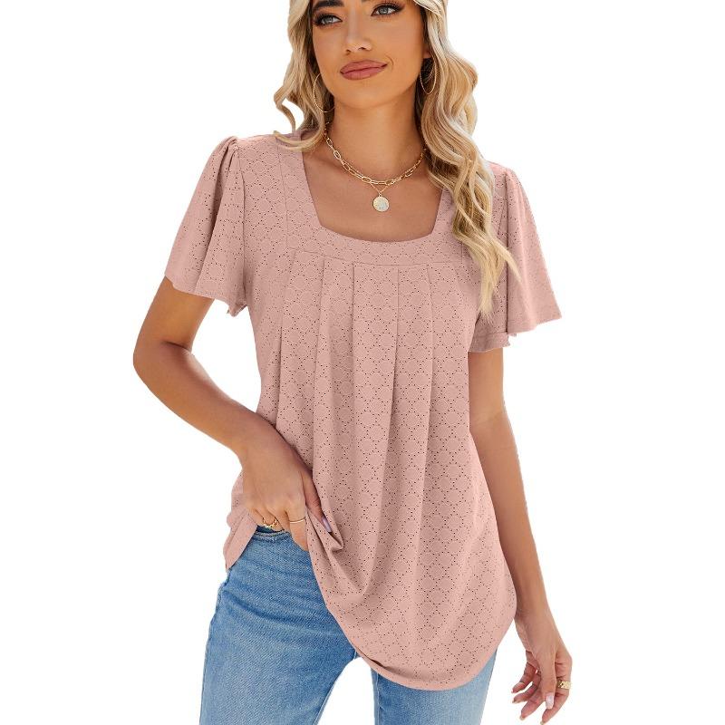 Spring Summer Solid Color Square Neck Pleated Short Sleeved Loose T-shirt Top for Women Shirt