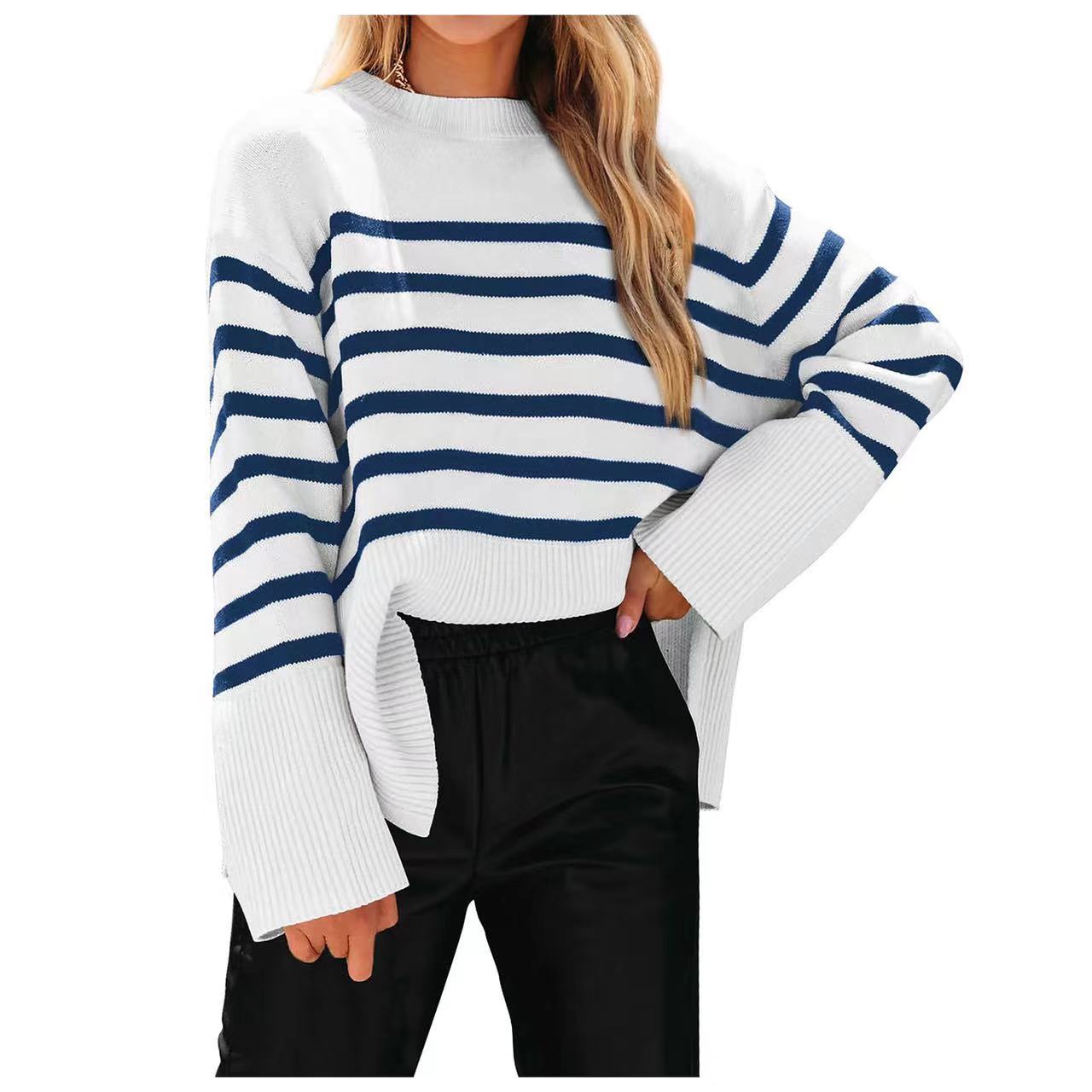 

Женский полосатый свитер с приспущенными плечами, вязаный топ оверсайз с рукавами «летучая мышь» из мягкой пряжи, пуловер свободного кроя в стиле бохо-шик для повседневной носки XXXL темно-синий