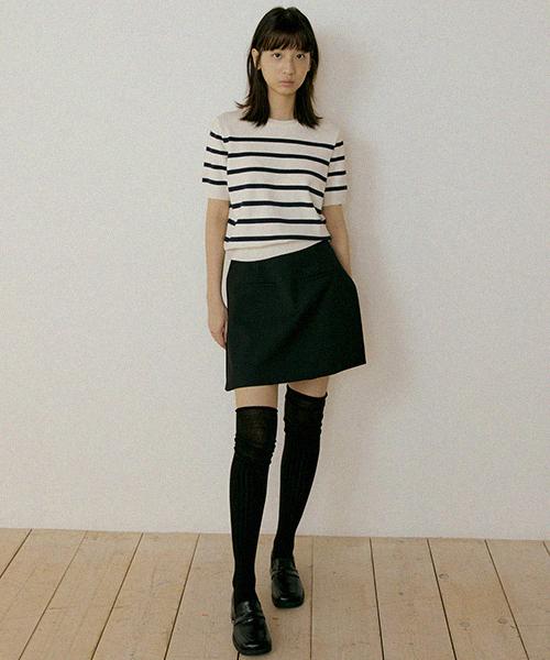 Lingseoul Stripe Round Knit Top-Ivory+Navy