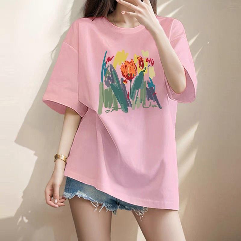 Women Clothing Chic Hand-Painted Flower Printing T-shirt Summer Elegant Fashion Pure Cotton Basic Top Tee Lady Loose Pullovers