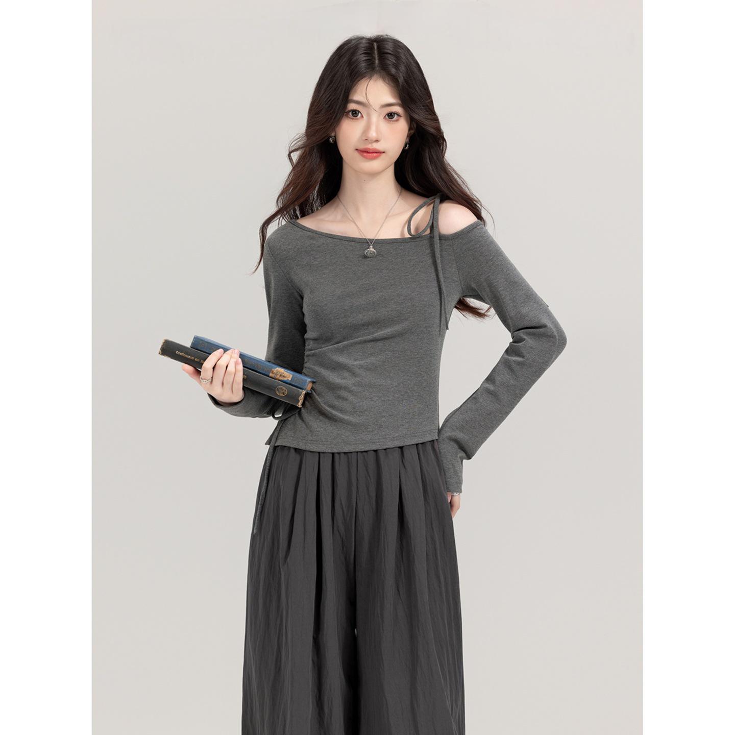 

Jin Liang Lace-Up Off-Shoulder Long-Sleeve Cropped T-Shirt Extra Large серый