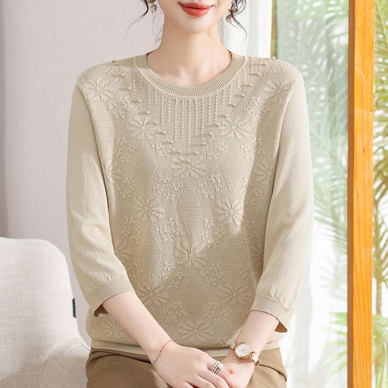 

Seven-Sleeve Knit Cardigan: Stylish Spring/Summer Ice Silk Top for Middle-Aged & Elderly Women L (recommended for under 110 lbs)