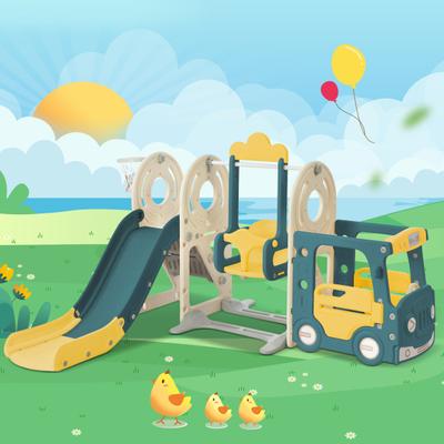 Kids Slide Set, 5 In 1 Children Slide Combination, Indoor and Outdoor Playground, Includes Bus, Swing, Slide, Step Ladder, and Basketball Hoop
