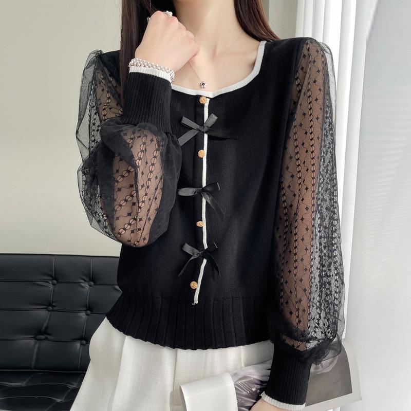 

Round Neck Lace Long-sleeved Sweater for Women In Summer New Hollow Hook Top S білий