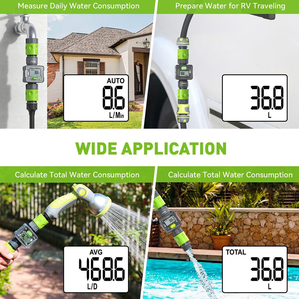 Rainpoint Digital Water Flow Meter 3/4" BSP Thread Tap Connector IPX6 LCD Outdoor Garden Hose Water Consumption Flow Rate Tester