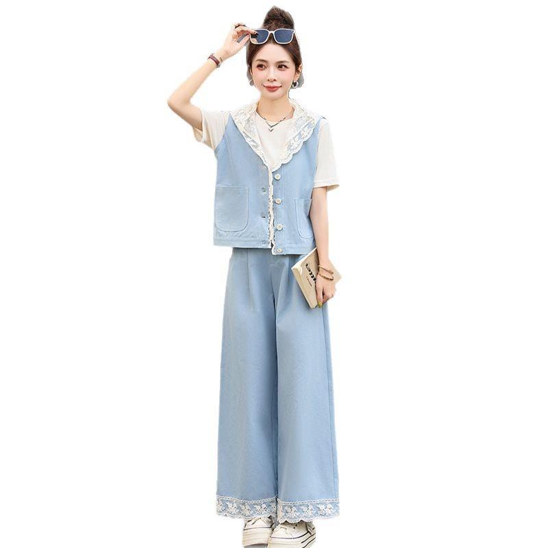 Summer denim vest suit women's casual lace splicing straight jeans three-piece set