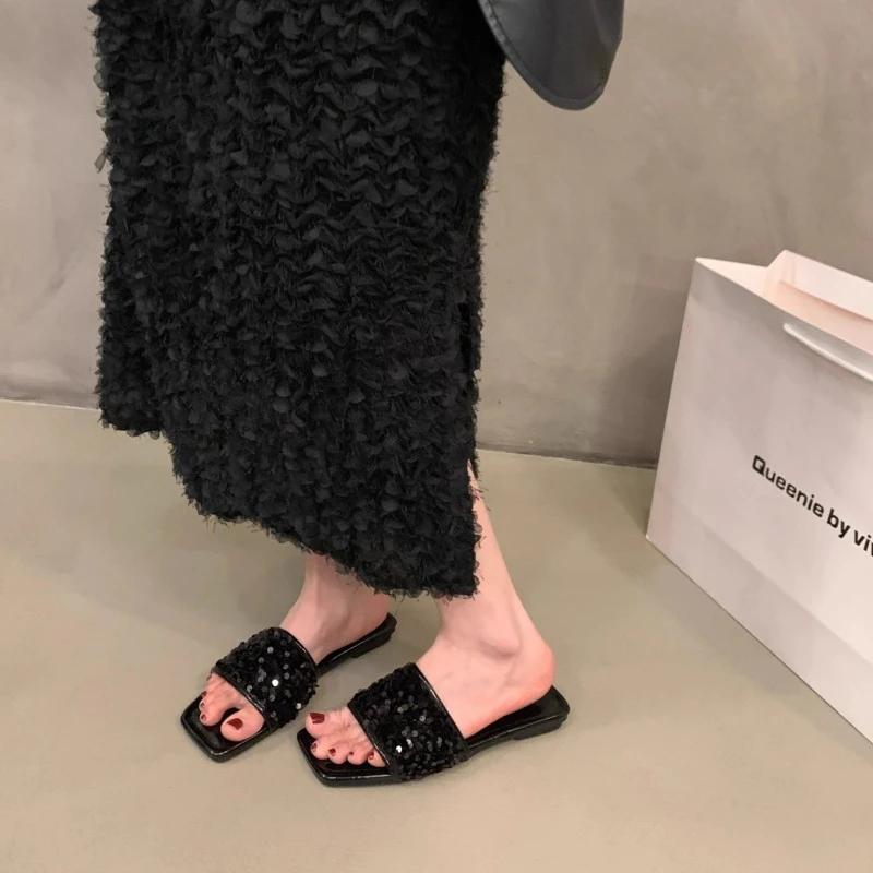 Fashion Women's Shoes 2024 High Quality Summer Solid Color Open Toe Women's Slippers Fashion Sequined Low Heel Women's Beach Slippers