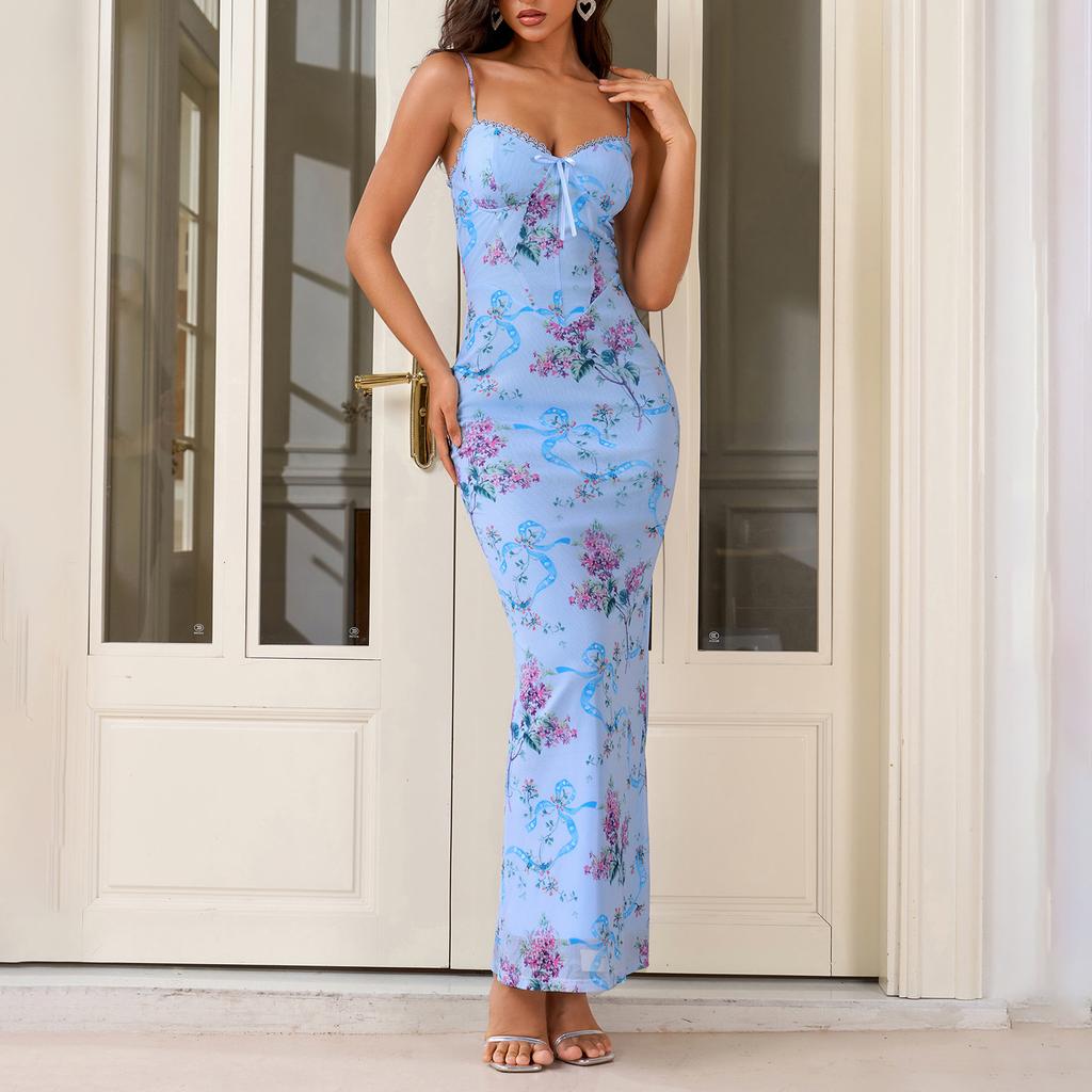 Temperament Mesh Printing Suspender Dress, Sexy Spice Girl Backless Slim Slim Hip-wrapped Dress