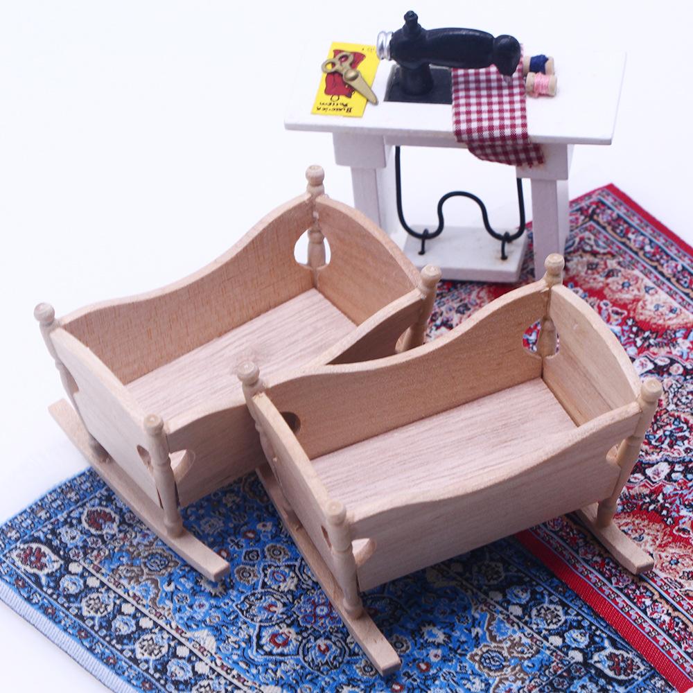 1Pcs Dollhouse Miniature Wooden Furniture Shaker Cradle Baby Bed Model Toys Nursery Simulation Crib Dolls Home Deccor Accessory