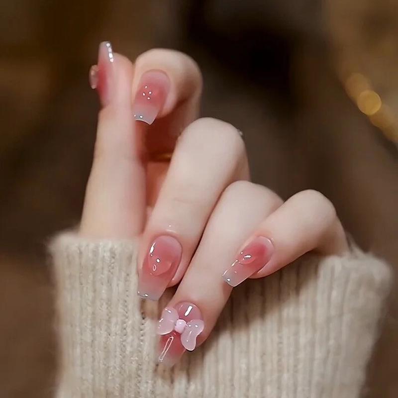 

Trendy Medium-Length Ice Transparent Bow Heart Nail Art Patches Glue Type