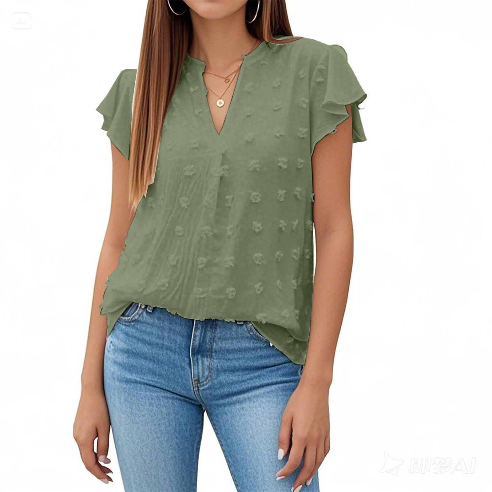 

Жіноча повсякденна мода однотонна V-подібний виріз з оборками короткі рукави шифон вільний топ L армія зелений колір