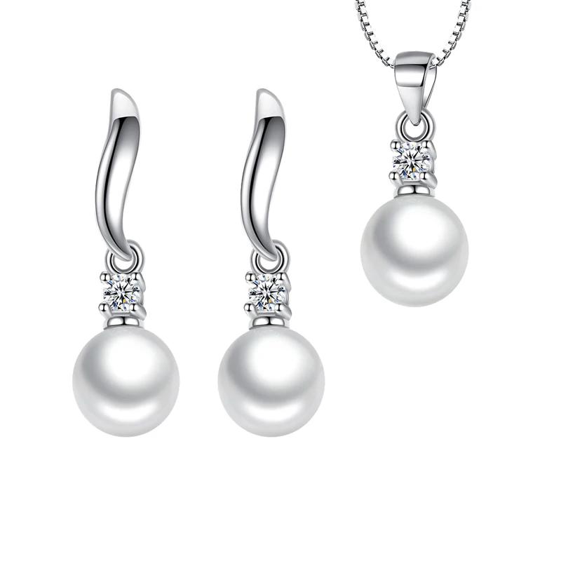 

Solid 925 Silver Pearl Pendant Necklace Crystal Stud Earrings Jewelry Sets For Women New Trendy FQL23080 40cm add 5cm