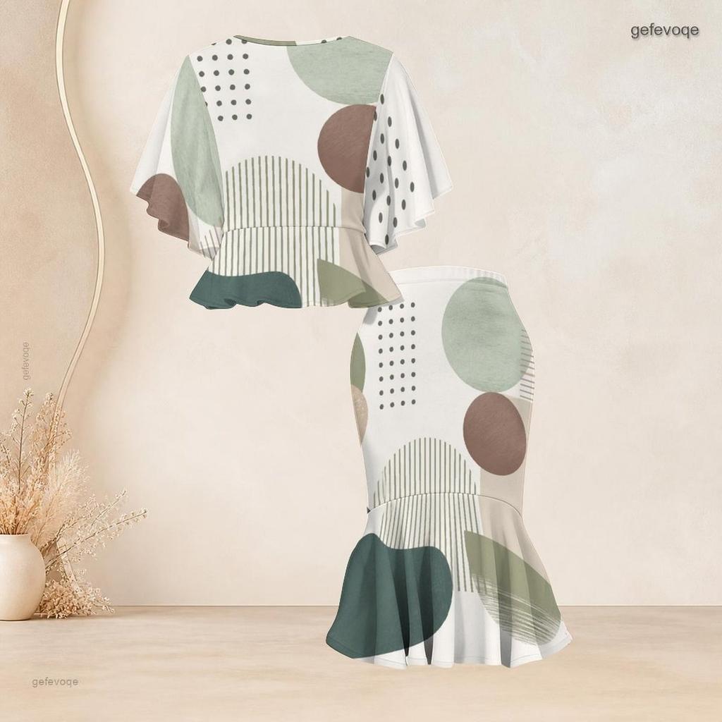 Women Plus Size Round Neck Batwing Sleeve Abstract Printed Ruffle Top Fishtail Skirt Two Piece Set