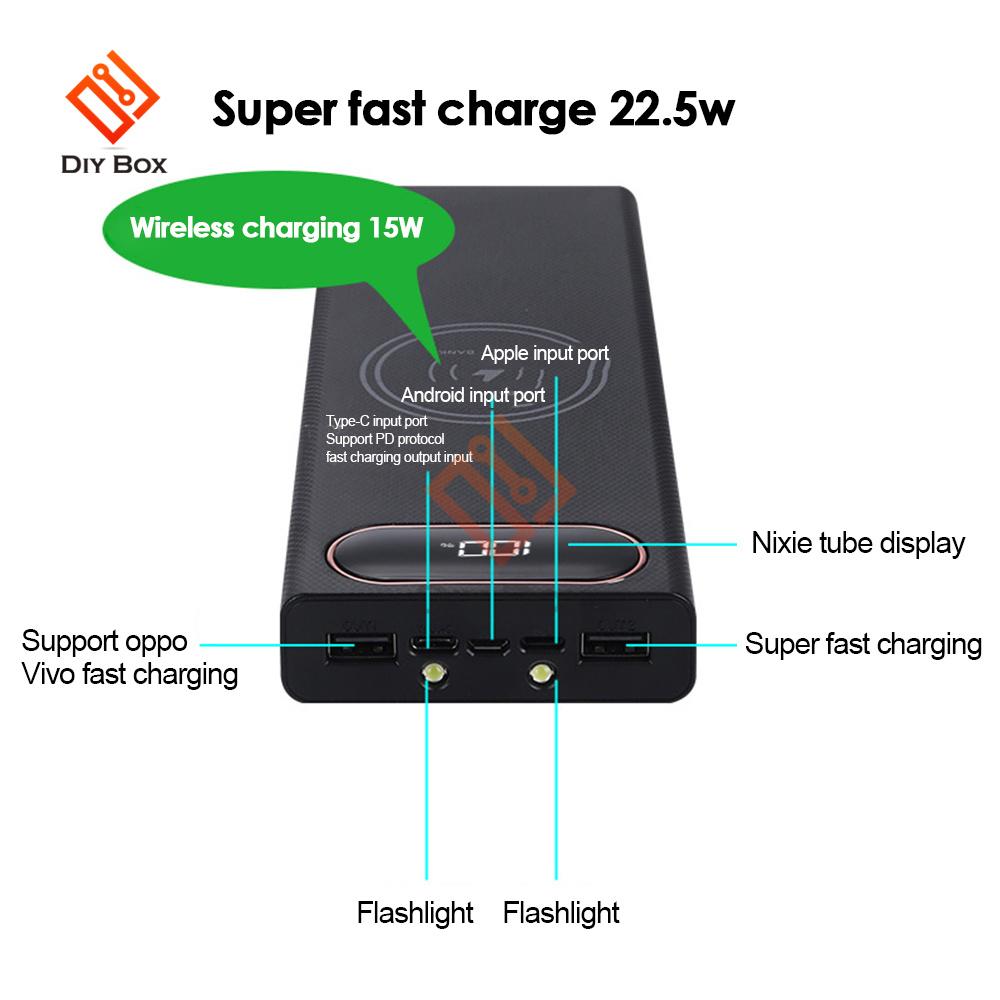 Abnehmbares USB 10*18650 Power Bank Case 22,5 W 15 W Handy-Schnellladegerät Aufbewahrung DIY 18650 Batteriehalter Ladebox