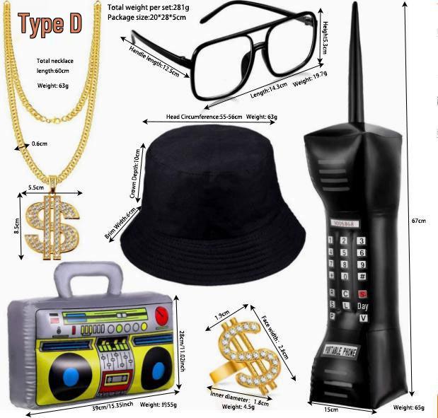 Męski Zestaw Cosplay Hip-Hop Punk: Naszyjnik Dolarowy, Pierścionek, Kapelusz Bucket Hat i Okulary