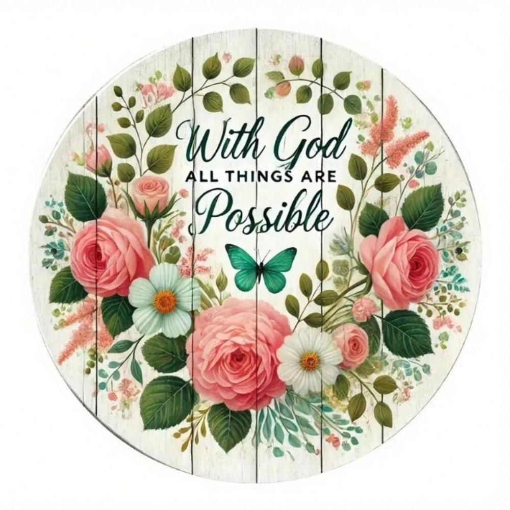 Round Metal Wall Art Pink Flower Butterfly Home Porch Decor Gift