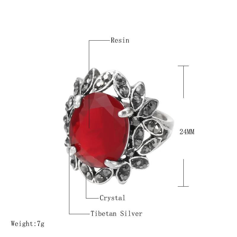 Kinel Fashion Tibetan Silver Red Stone Ring For Women Crystal Flowers Ethnic Wedding Bridal Jewelry Retro Rings